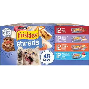 Purina Friskies Wet Cat Food Variety Pack – 48 Cans Shreds with Beef, Chicken, Salmon & Tuna Dinner