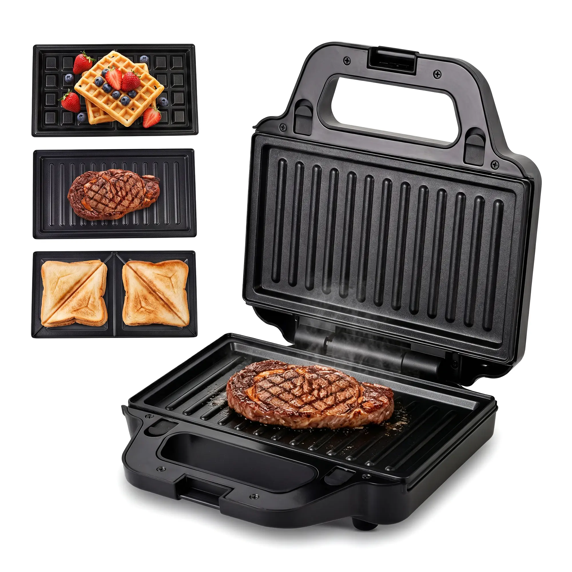 3-in-1 Sandwich Maker, Waffle Maker & Panini Press with 3 Sets of Removable Nonstick Plates, Electric Breakfast Sandwich Grill, Compact Design, Black