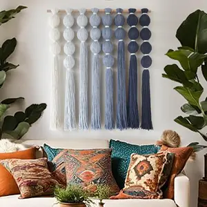 Macrame Wall Hanging Blue Yarn Wall Art Tassel Wall Decor with Knotted Ball Design Bohemian Wall Decor for Living Room Bedroom Home Backdrop 27" W x 39" L