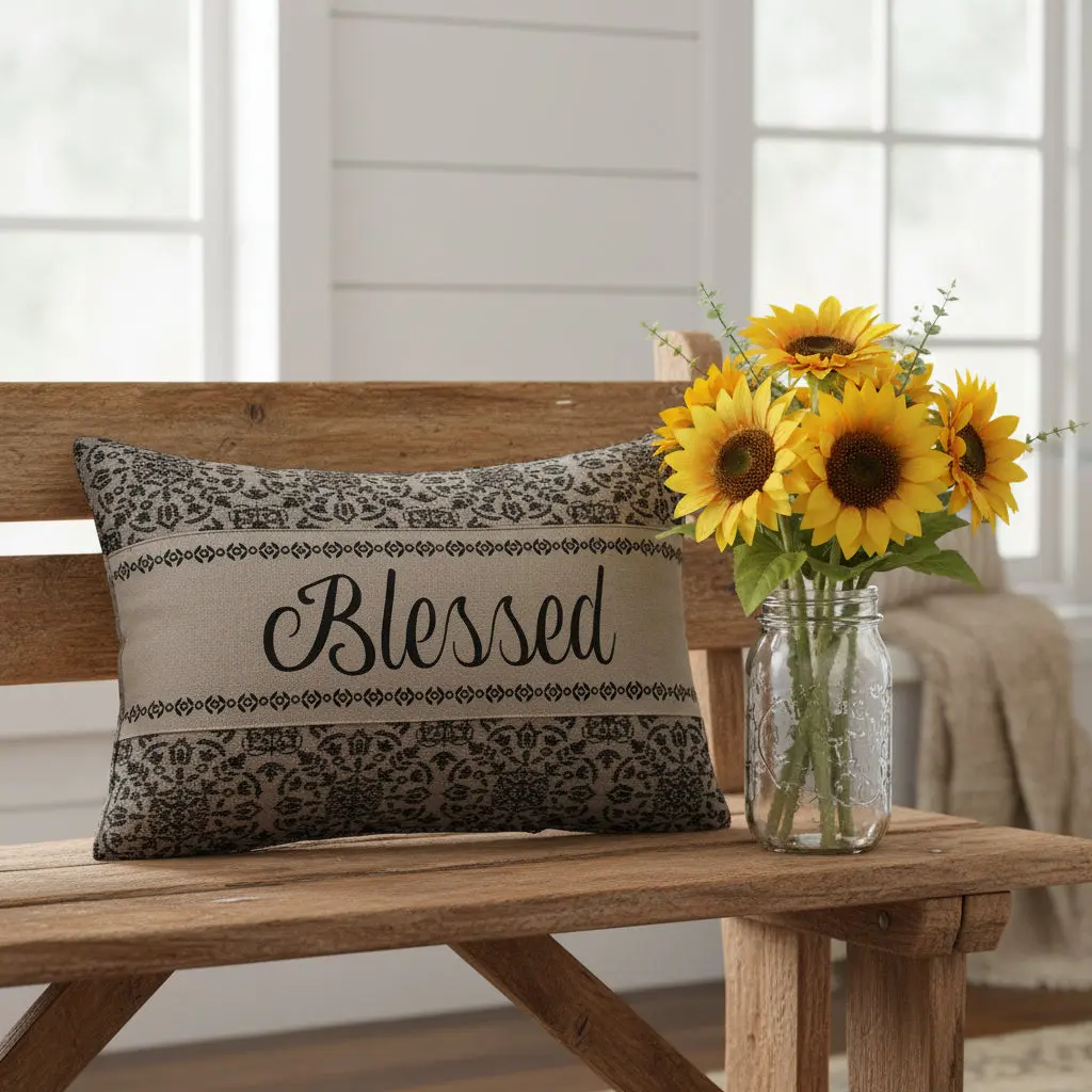 Midcentury Modern Decorative Rustic Black Tan Jacquard Blessed Throw Pillow, Cushion for Room Decor