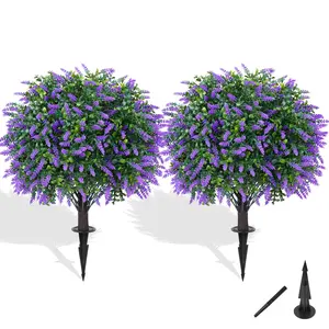 Set of 2 Artificial Boxwood Topiary Ball with Lavender, Decorative Artificial Shrub Bushes with Ground Spike, UV Resistant Fake Evergreen Plant Tree for Porch, Outdoor Planters, Indoor