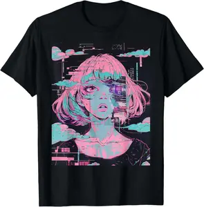 100% Cotton Anime Girl Vaporwave Glitchcore Pastel Goth Distressed T-Shirt
