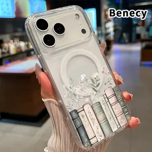 Magnetic Case for iPhone 17 16  Pro Max Plus 15 14 13 12 11 Air E Floral Book Charm  Printed Acrylic Hard Back Soft Silicone Edge Water-resistant Smartphone Cover Shockproof Safety