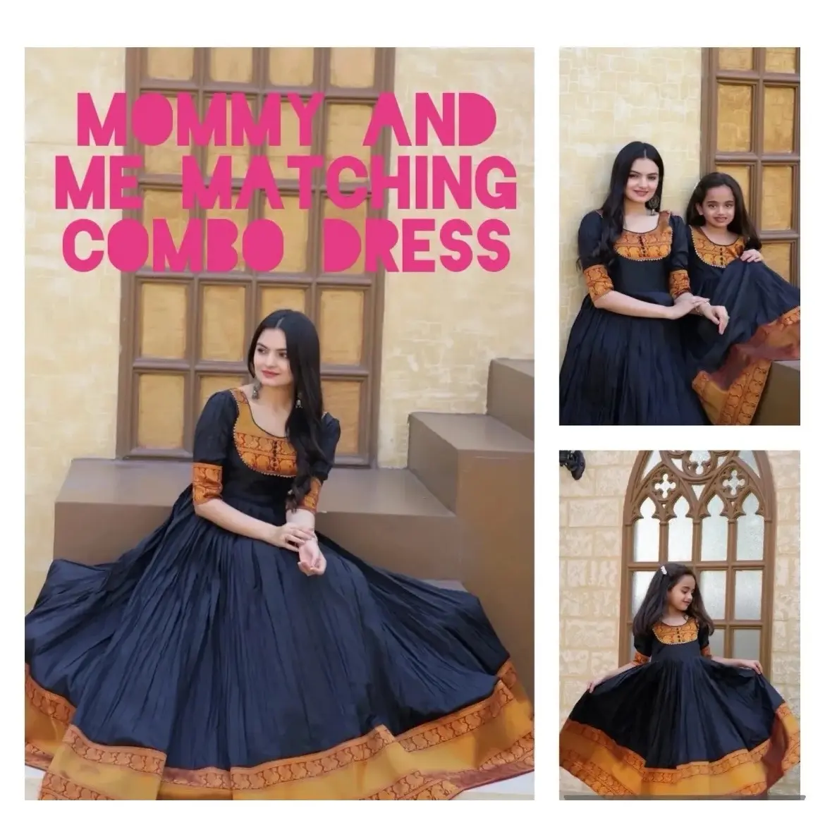 Indian traditional MOTHER&DAUGHTER COMBO GOWN IN BLACK PARTY WEAR WITH ZARI WORK