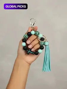 1 Piece Leopard Pattern Tassel Decor Beaded Handmade Trendy Cute Keychain, Jewelry for Women & Men, Fashion Accessories for Friends Gift
