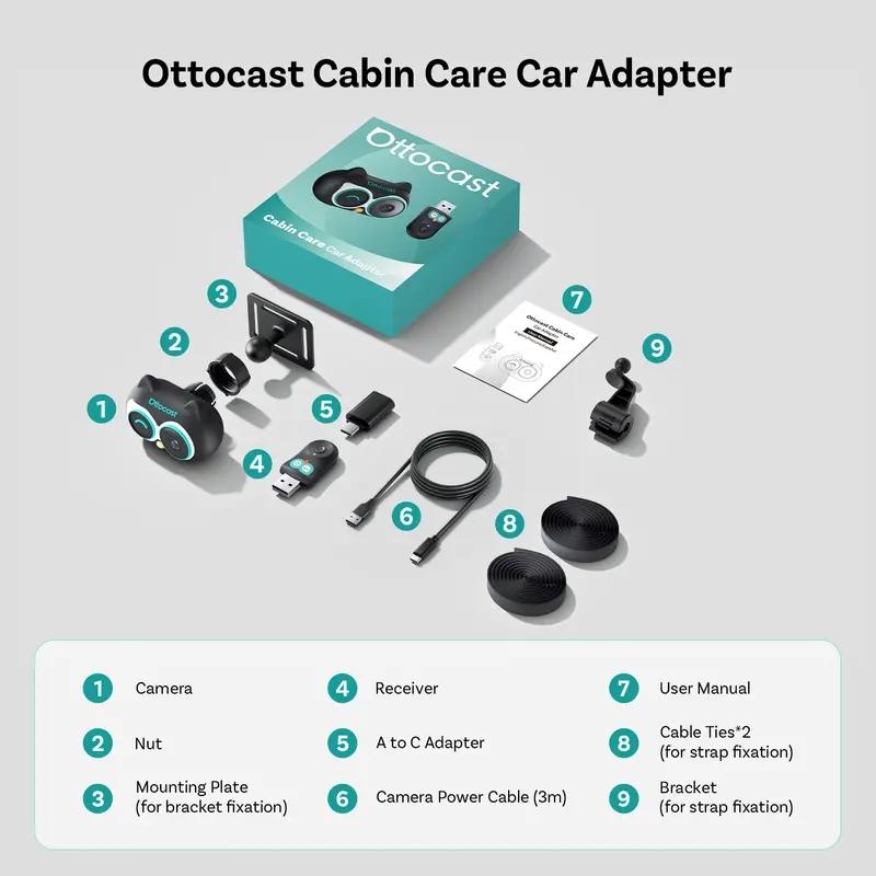 OTTOCAST Wireless CarPlay Adapter & Baby Camera for Car 1080P HD Rear Seat Monitor Display on Car Screen,150°Wide Angle No-Glow Night View, Safety for Kids & Infants