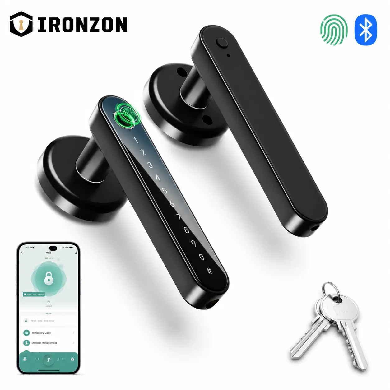 IRONZON 4-in-1 Smart Fingerprint Door Lock, Keyless Entry Door Handle Lock with Fingerprint, Keypad Code, App Control & Physical Key, Auto Lock Privacy Mode for Bedroom, Home, Apartment, Office & Interior Doors