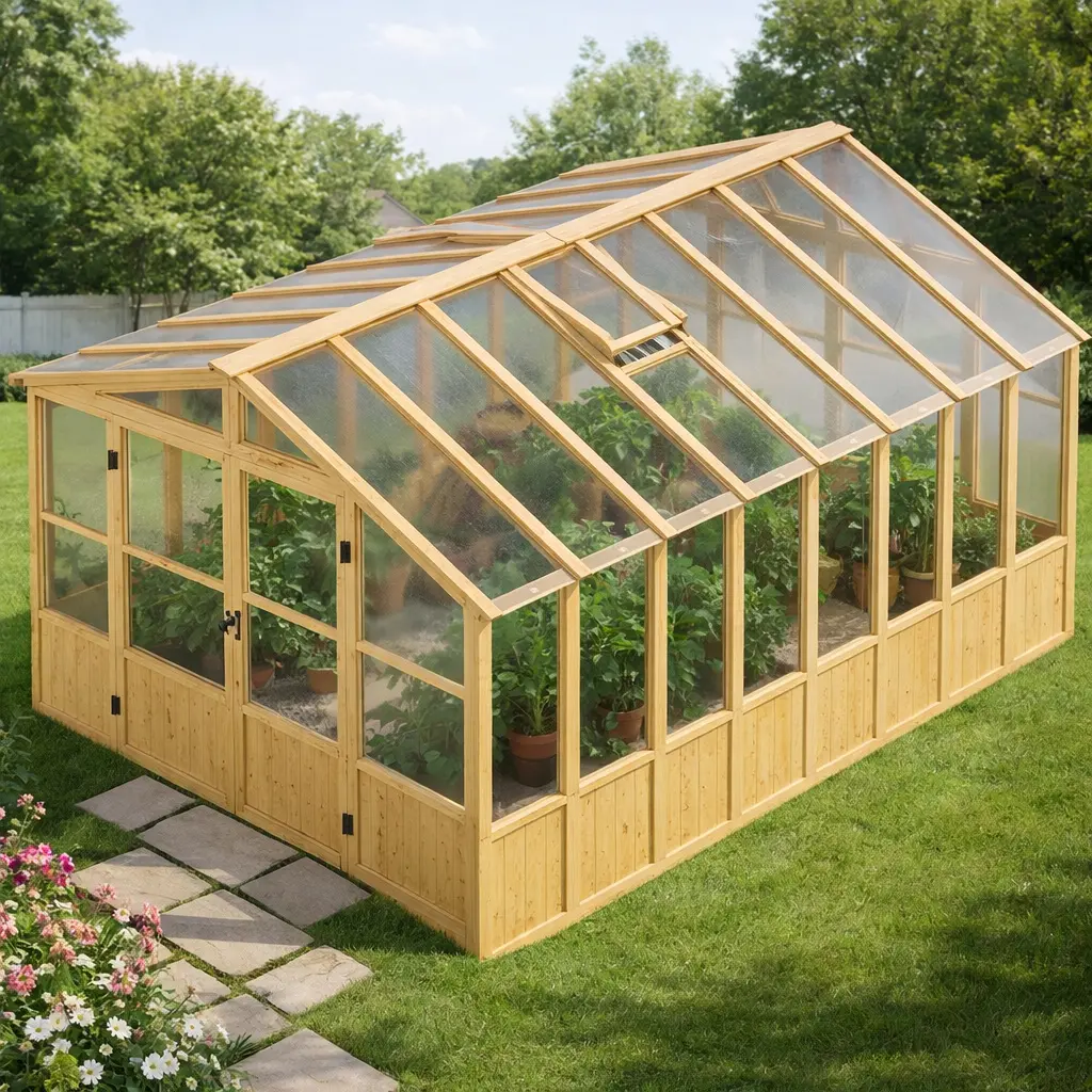 ALBOTT Cedar Wood Greenhouse with Polycarbonate Panels, Double Door and 2 Windows, 9.5×9.8ft, 13.2×9.5ft, 9.5×17.9ft Backyard Garden Planting House for Growing Vegetables, Flowers, Herbs