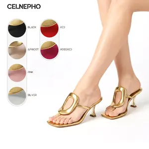 CELNEPHO Thong Sandals for Women Kitten Heels Open Square Toe Gold Metal Sandals Easy Slip On Summer Sandals Wedding Party Work Date Everyday Wear Spring Beach Dress Shoes