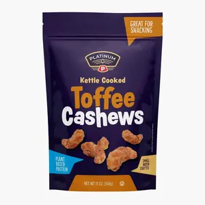 Platinum Toffee Cashews - Plant Based Protein, Fiber, Healthy Snack - Roasted & Sweet Flavors - Nutritional Boost - Can Bring at Home, Work, Office, Gym & School - 13 oz Individual & Resealable Pouch