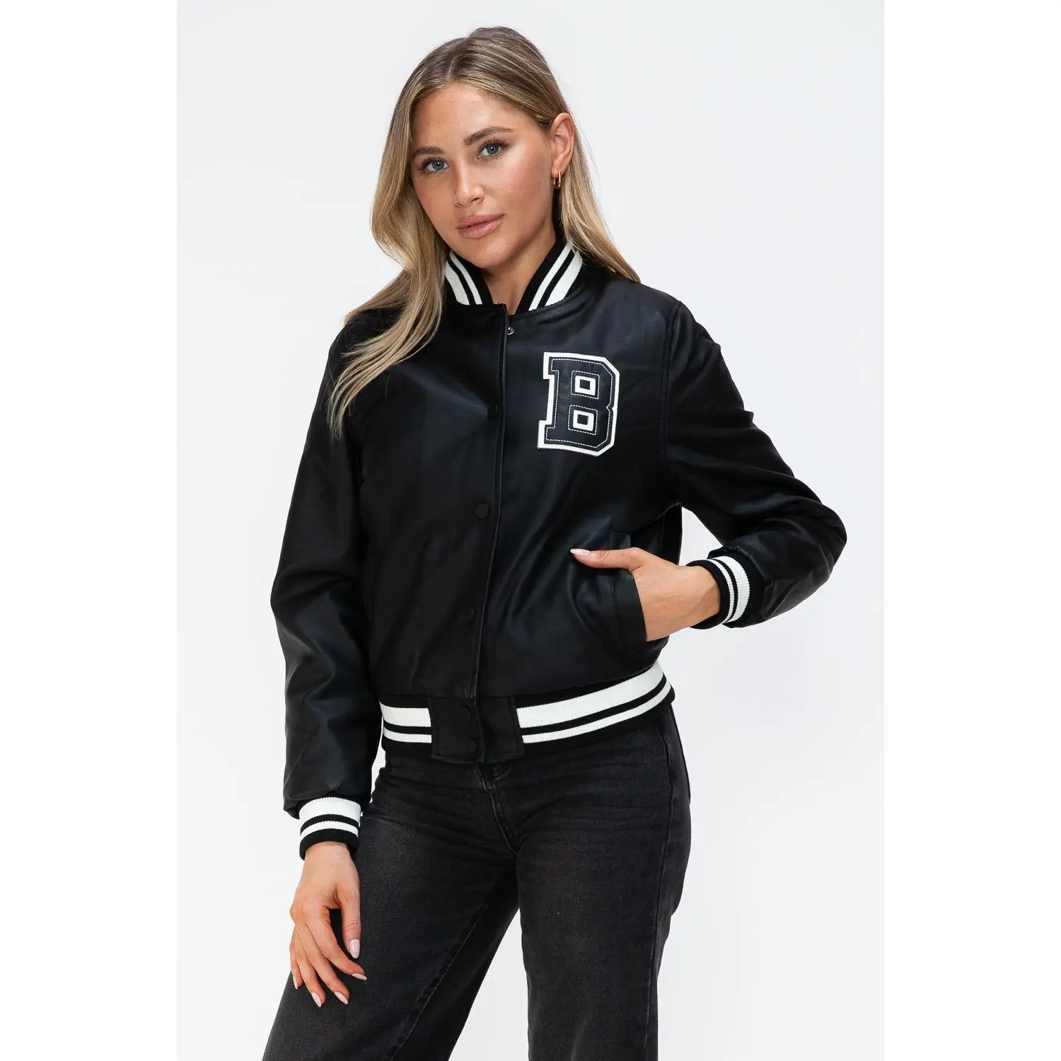Love Me Now PU Leather Contrast Snap Down Bomber Jacket
