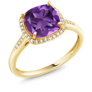 Gem Stone King 2-3 Cttw 10K Yellow Gold Gemstone Birthstone and White Diamonds Halo Engagement Ring for Women | Cushion 8MM | Wedding Anniversary Promise Ring