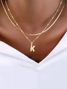 2pcs/set Pave Zirconia Bubble Initial Pendant Necklace Women Fashion Golden Stainless Steel Chain Layered Necklace For Women