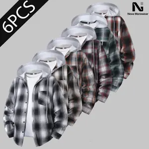Men's 6-Pack Loose Fit Hooded Plaid Shirts - Full Sleeve Checked Button-Down Polyester Hoodie Tops, Casual Streetwear for Daily Style & Fall Winter Outfits