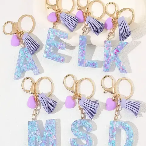 Initials Letter, Cute Heart Tassel Decor Resin Charm with Key Ring, Resin Keyring, Trendy Cute Keychain, Tassel Decorated Keychain, Cute Keychain Accessory, Stylish Keychain, Fashion Accessories for Women & Girls, Unique Gift Idea for Friends and Family