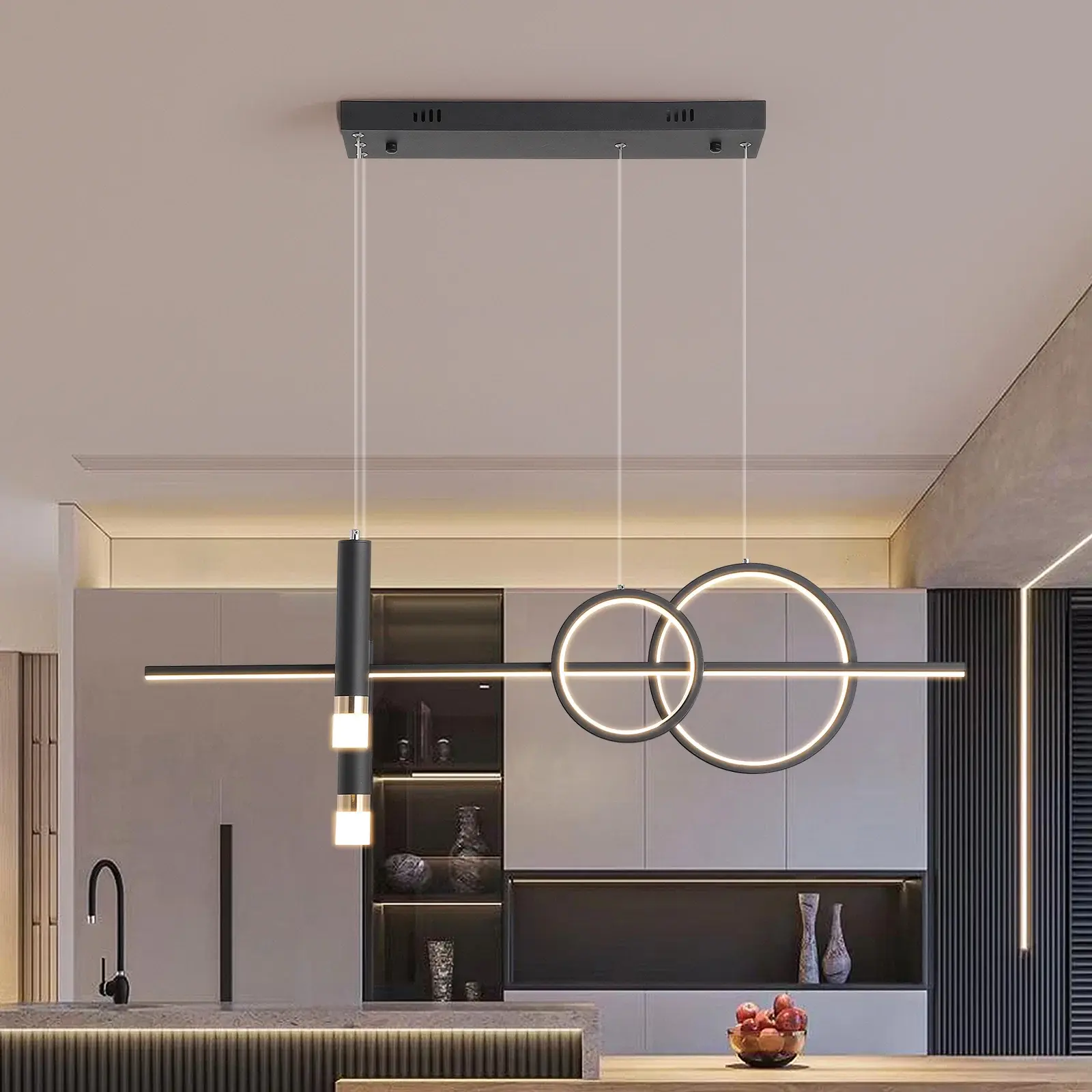Modern LED Linear Pendant Light with Remote Control Dimmable Adjustable Pendant Light Height for Kitchen Dining Room - Black