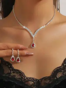 Sparkling zircon bridal jewelry set, earrings, necklace combination, rhinestone jewelry set, Teardrop jewelry set, Fashionable jewelry set, Zirconia jewelry set