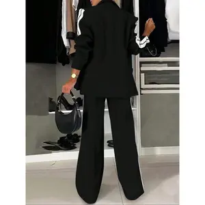 2023Women's New Style Long Sleeve Jacket & Pants Set, Striped Patchwork Casual Blazer Two-Piece Suit, Comfortable Elegant Lapel Design For Autumn And Winter Set2025