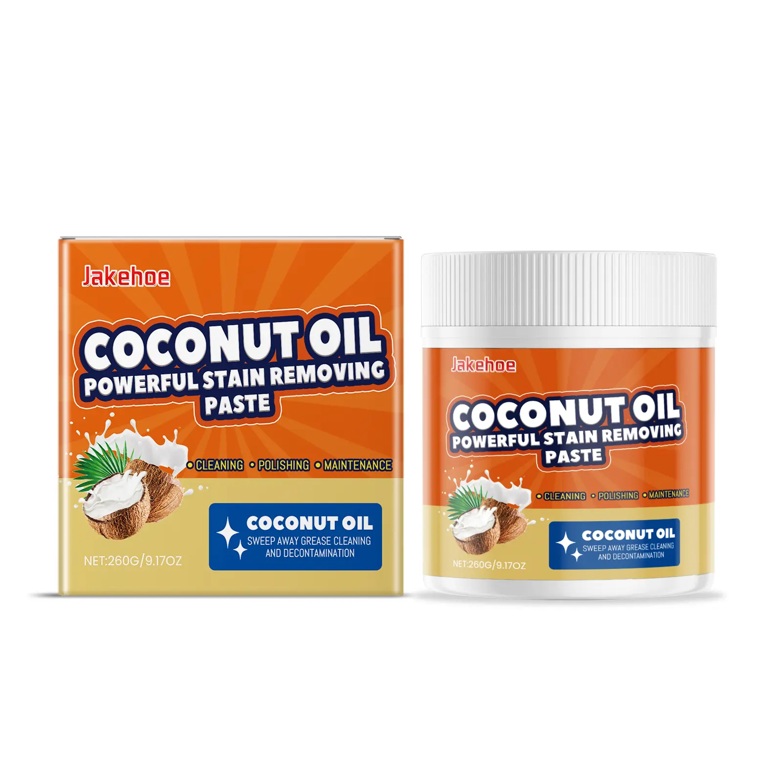 Jakehoe Coconut Oil Stain Remover, a multi-purpose polishing paste for heavy kitchen grease, and a surface cleaner for removing grease stains
