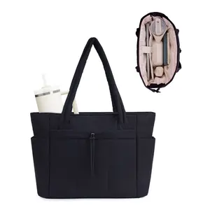 Wandering Nature Puffer Tote Bag for Women – Quilted Laptop Shoulder Bag with Cup Holder, Trolley Sleeve, and Multiple Compartments, Lightweight Travel & Work Nurse Bag