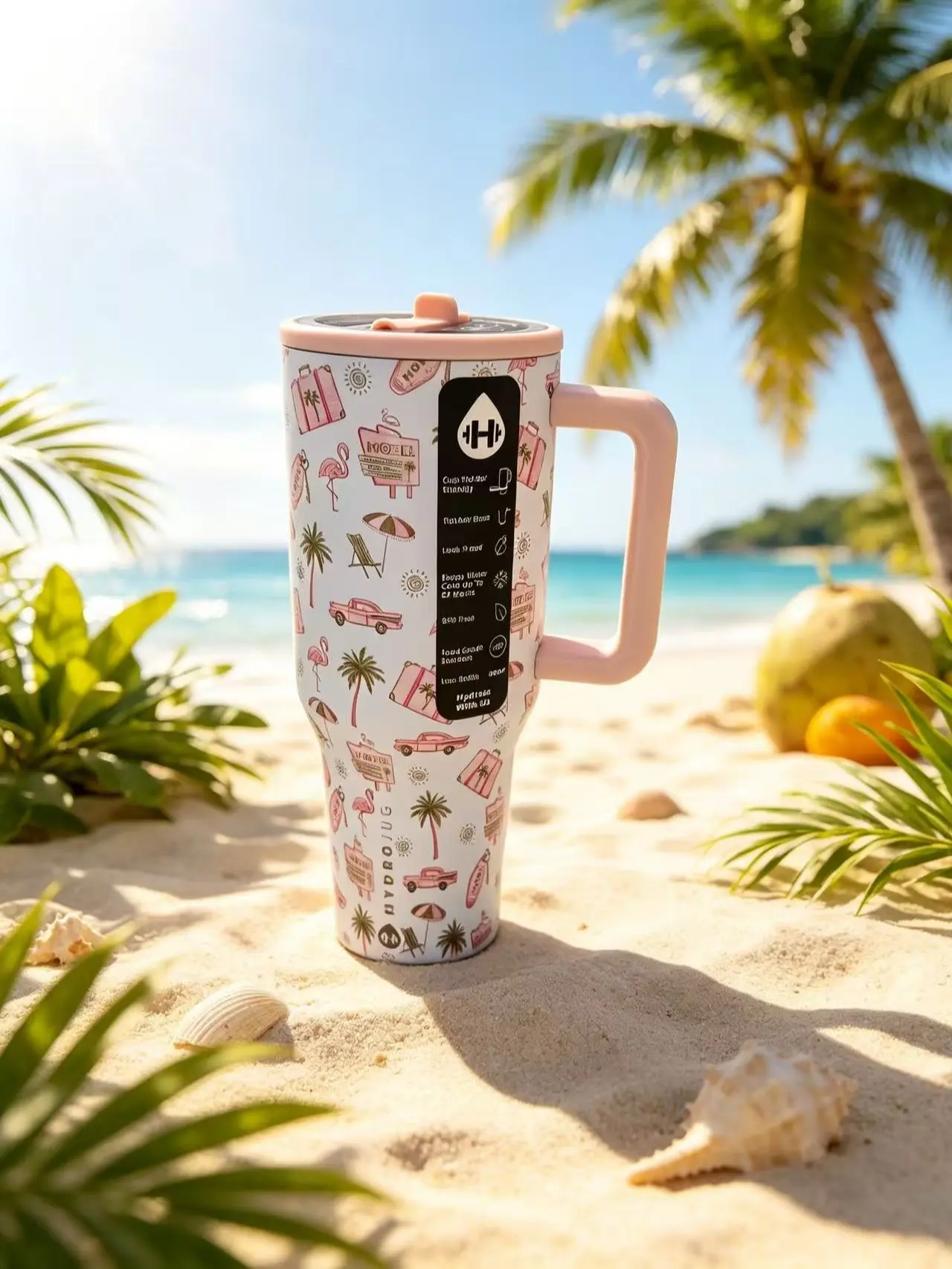Beach travel pattern water bottle, waterproof flip cover convenient travel cup, BPA free, large storage water bottle, suitable for beach, road trip, summer vacation, camping and women's daily commuting Tumbler Mug Bottled Washable Reusable Portable