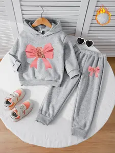 Girls' Fall & Winter Fleece Lined 2-Piece Set, Long Sleeve Hoodie Sweatshirt, Cute Bow Print, Casual Outdoor Wear, Clothes Kids