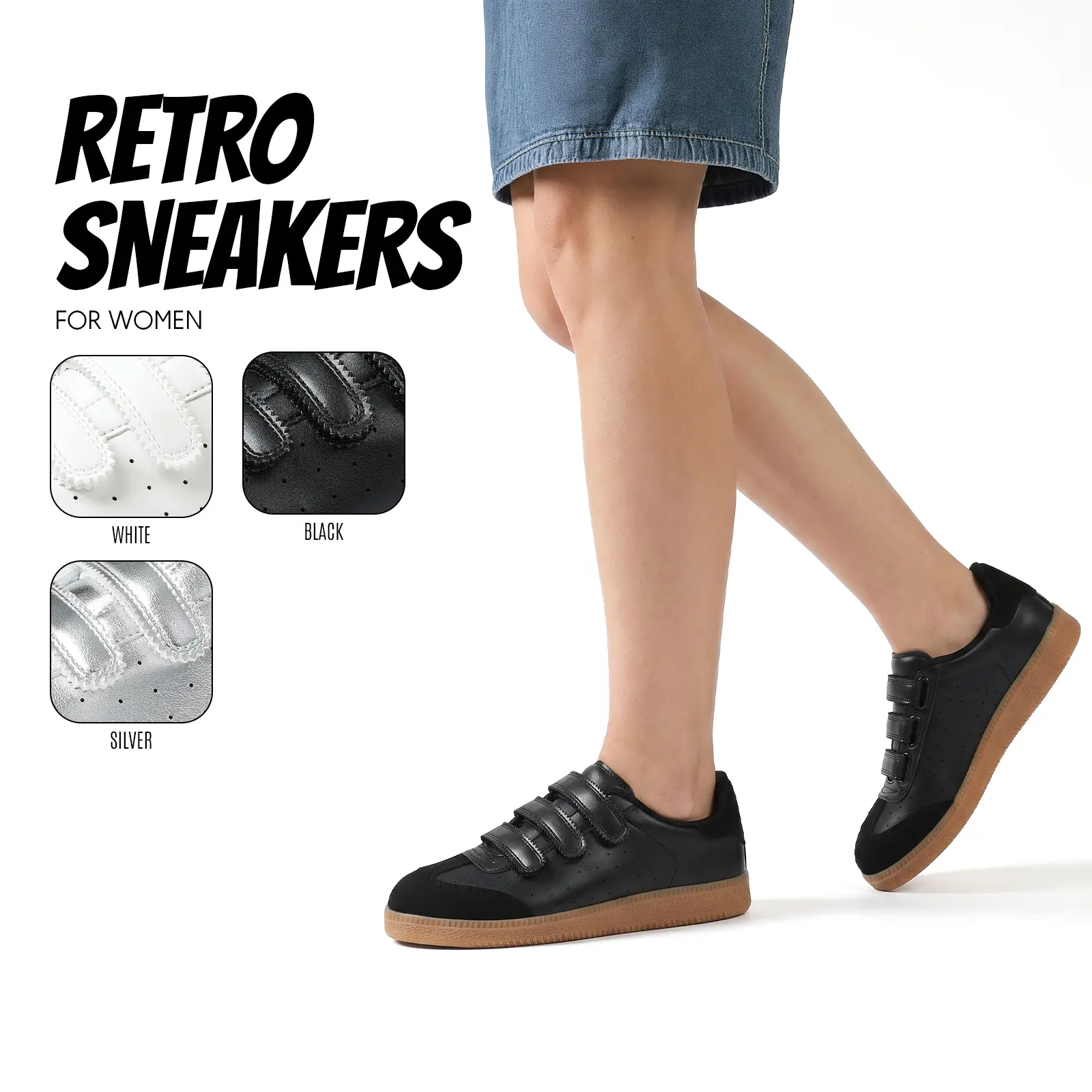 Velcro Sneakers For Women Round Toe Gum Sole Flat Heel Triple Strap Velcro Campus Travel Brunch Sport Quiet Luxury Old Money Casual Fashion Shoes