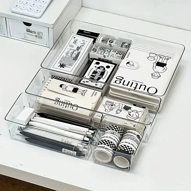High-Quality Durable Multi-Size Stackable Transparent Plastic Rectangle Storage Box Set (7/10/12pcs) - Lightweight Material Desk Organizer, Adaptable Fit Drawer Dividers, No Assembly, Freely Combinable for Home Office Use