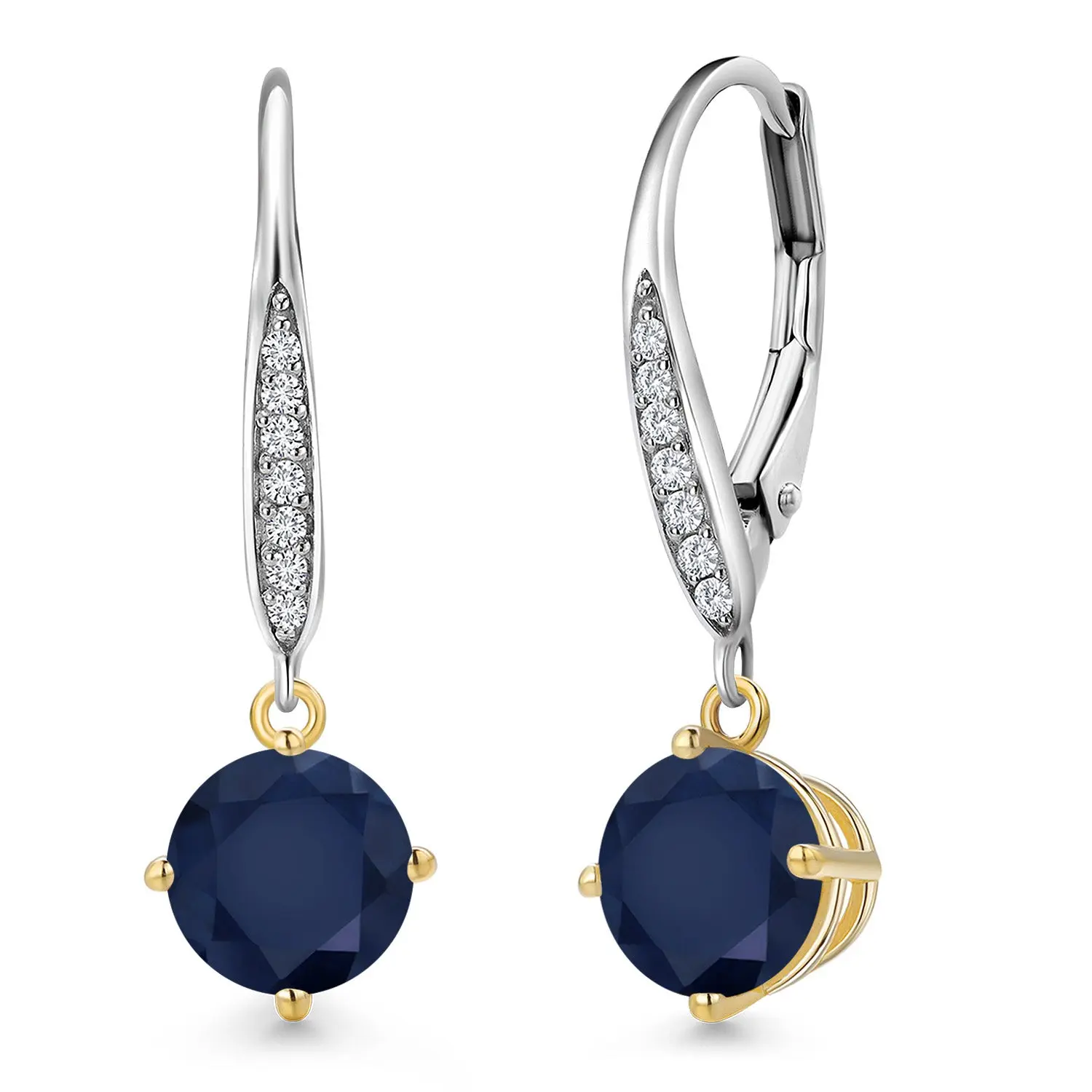 2.30 Cttw Blue Sapphire and Lab Grown Diamond Dangle Earrings for Women | 925 Silver and 10K Yellow Gold | Gemstone September Birthstone | Round 6MM