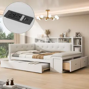 Full Size Daybed Frame with Twin Trundle and Drawers, L-Shaped Corner Day Bed with Upholstered Headboard, Bench, and Charging Station, Storage Wood Day Bed Frame, White