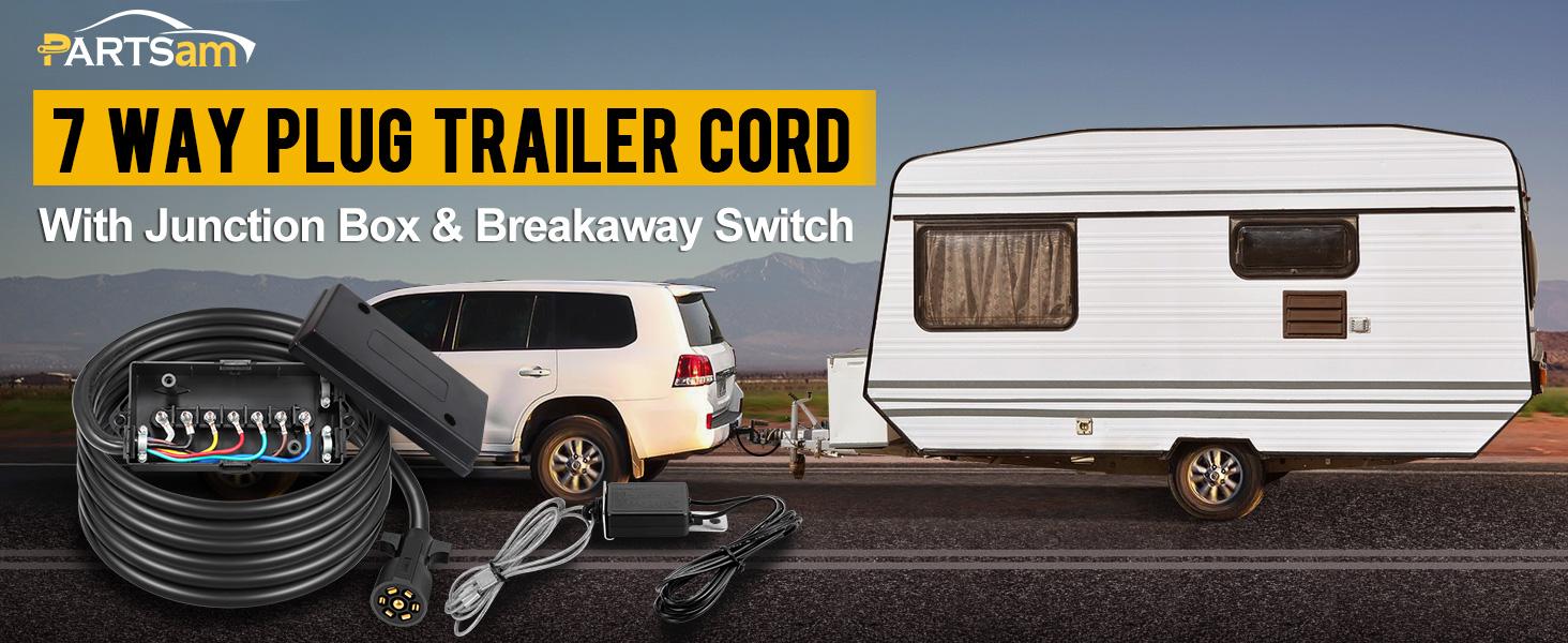 Partsam 7 Way Trailer Wiring Harness Kit 8ft Trailer Cord with 12V Breakaway Switch and Plug Holder, 7 Gang Junction Box Waterproof