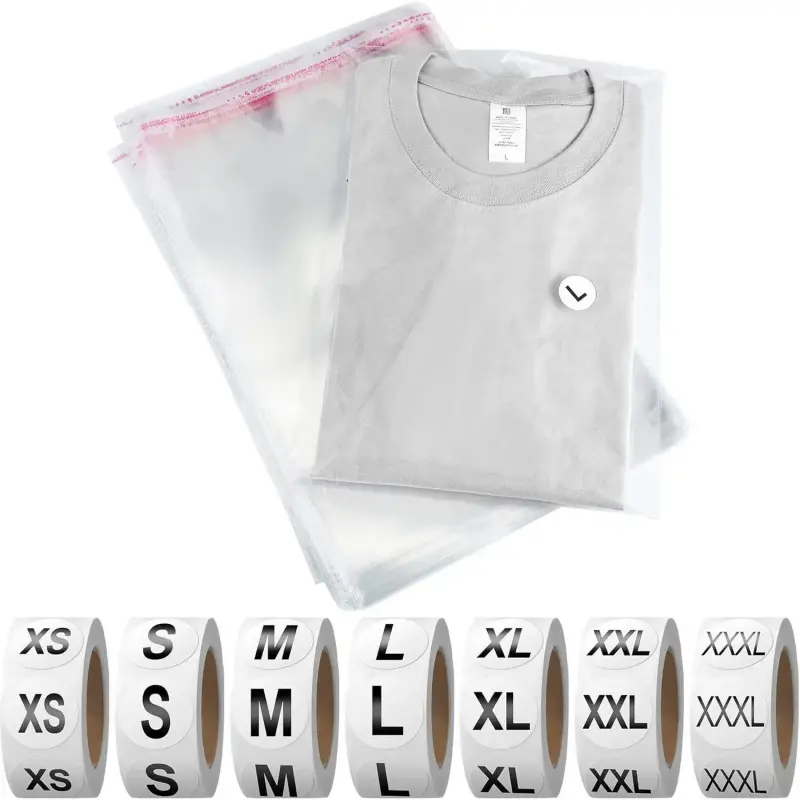 200 count Resealable Poly Clear Shirt Bags with 7 Sizes 3500 count Clothing Size Stickers Labels Self Sealing Plastic Bag for Small Businesses Packaging T Shirts Retail Storage(11 x 14 Inch)
