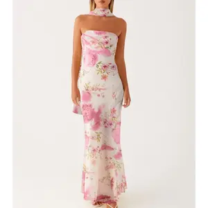 Women Floral Off Shoulder Long Tube Dress With Scarf Summer Maxi Casual Beach Womenswear Elegance Print Strapless Style Sleeveless