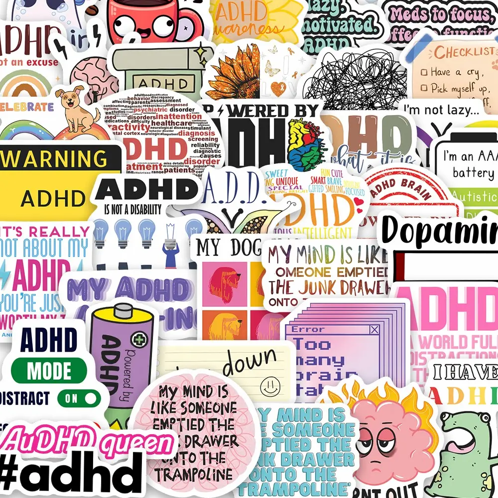 51pcs ADHD Awareness Art Stickers Pack, Waterproof Neurodiversity Mental Health Quote & Brain Decals for Laptop, Water Bottle, Journal & Scrapbook, Stickers for Scrapbooking, Neurodivergent Gift, Sticker Set