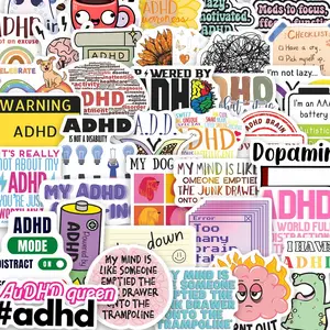 51pcs ADHD Awareness Art Stickers Pack, Waterproof Neurodiversity Mental Health Quote & Brain Decals for Laptop, Water Bottle, Journal & Scrapbook, Neurodivergent Gift