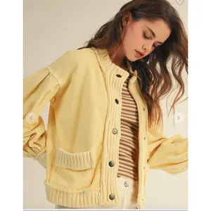 Washed Vintage Ribbed Knit Trim Cardigan Jacket (4 colors)