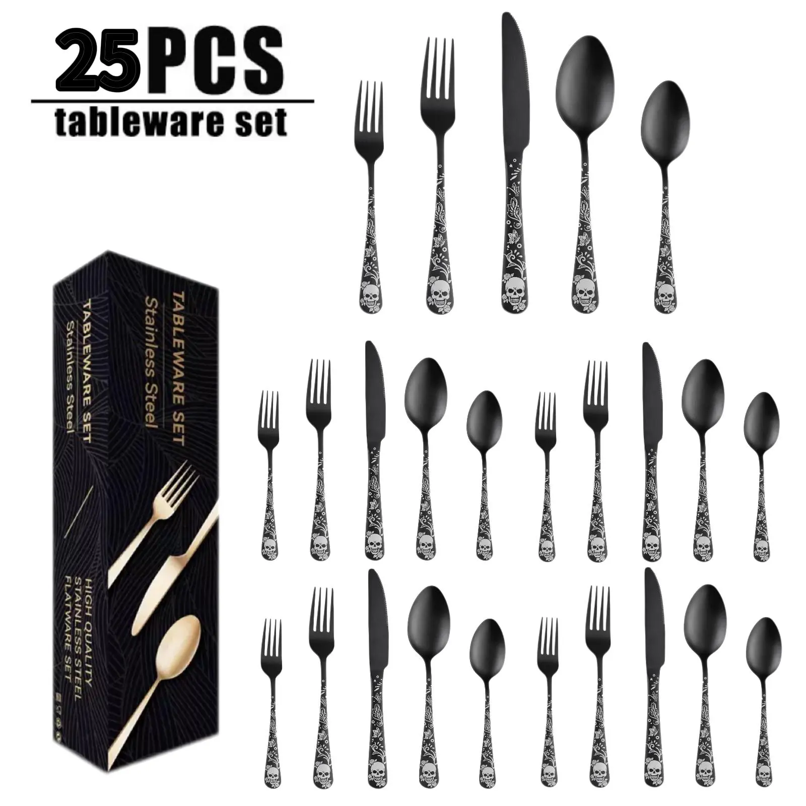25-Piece Skull Pattern Silverware Set, Stainless Steel Cutlery Set, Knife Fork Spoon Home Creative, Holiday Halloween Party Elegant Design, Kitchen Set Cutlery Utensils