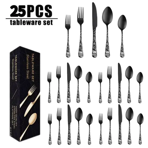 25-Piece Skull Pattern Silverware Set, Stainless Steel Cutlery Set Flatware Set Knife Fork Spoon, Home Creative Dining Tableware, Tableware Utensils, Tableware Kit, Tableware Sets
