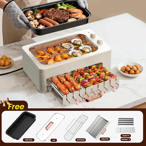 1500W Portable Smokeless Indoor Electric BBQ Grill - 360° Auto-Rotating Hot Dog Roller & Kabob Skewers, Dual-Zone Grill/Universal Griddle, Precise Temp Control, Easy-Clean Removable Dishwasher-Safe Multi-Function Kitchen Appliance Gift