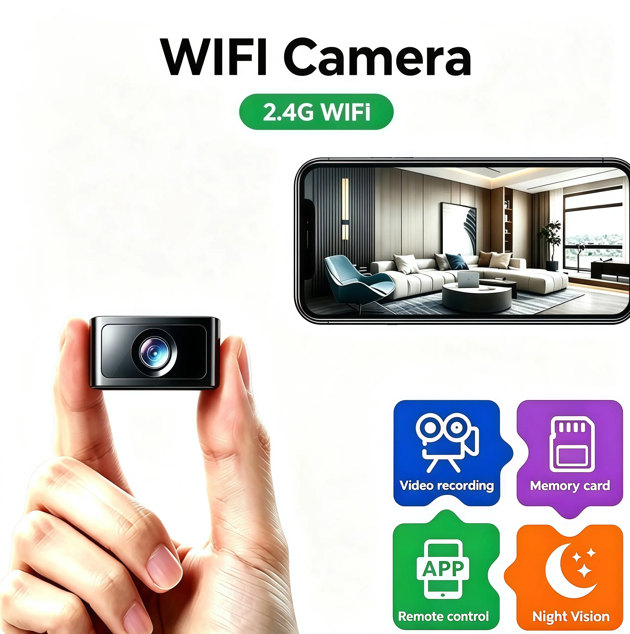 Wireless 2.4GHz WiFi IP Smart Camera with Lens, Card Storage, Infrared Night Vision, Motion Alert, 24H Loop Recording, Phone APP Remote Live View, Cloud Backup, Indoor Surveillance Camera for Baby Monitoring