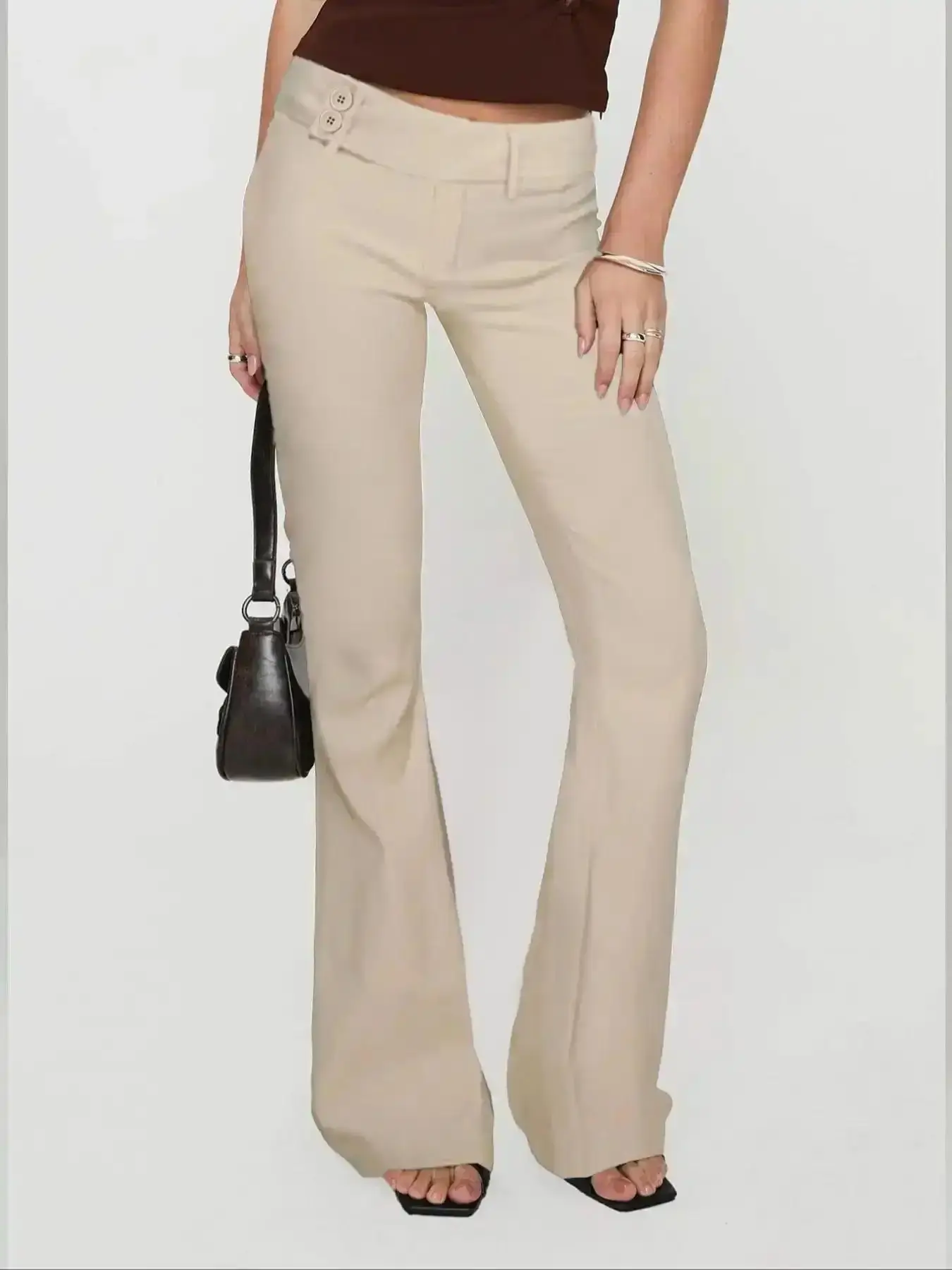 Women's Contemporary mid-rise elastic casual work pants Chic Look, color-block striped long Bottoms, fashionable for spring and autumn, perfect for office and gatherings Button, Top Quality, Daily Wear, Travel