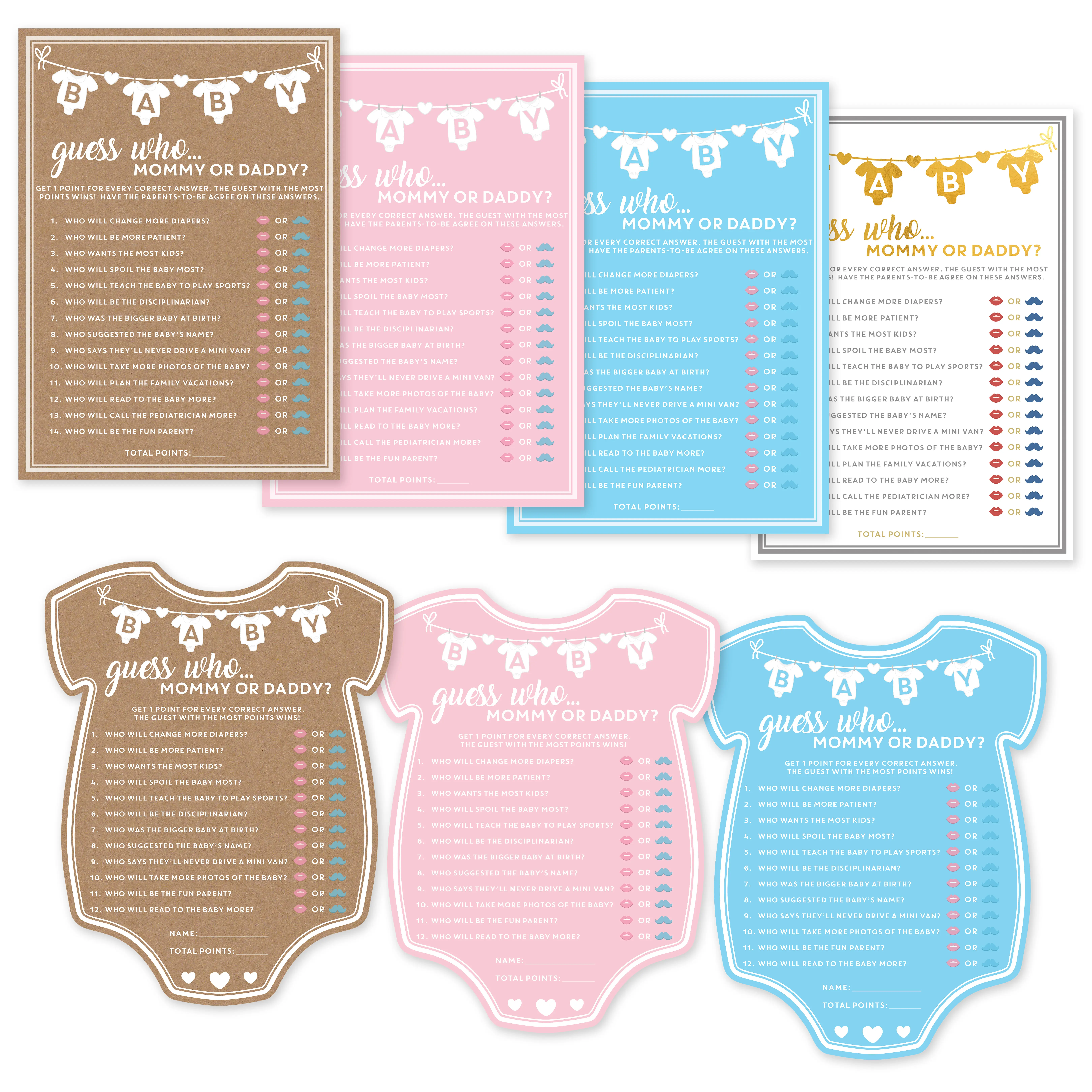 Party Hearty Interactive 50-Pcs Mommy or Daddy Guess Who Game Cards, Kraft Baby Shower Fun Activity Set with Blue, Pink, Gold Designs