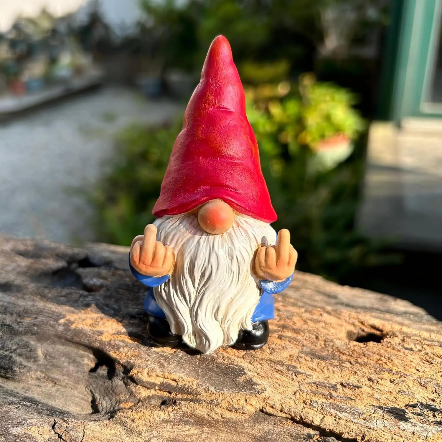 Funny Double Middle Finger Dwarf Gnome Resin Statue Novelty Outdoor Lawn Courtyard Ornament Creative Home Garden Landscape Decoration Resin Art Craft Decor