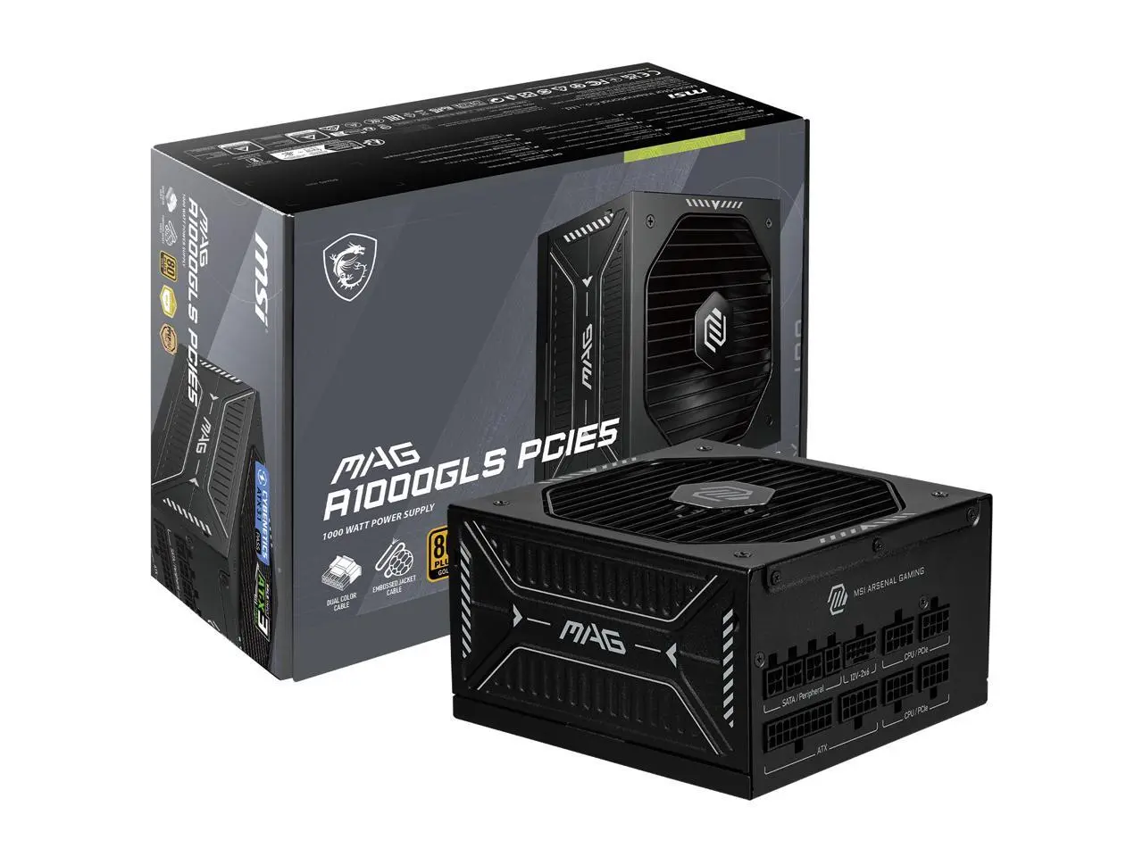 MSI MAG A1000GLS PCIE5, Fully Modular Compact Gaming 1000W Power Supply, 80+ Gold, ATX 3.1 & PCIe 5.1 Ready, Dual-color 12V-2x6 cable, Low-Noise, Embossed Jacket Cables, 10 Year Warranty