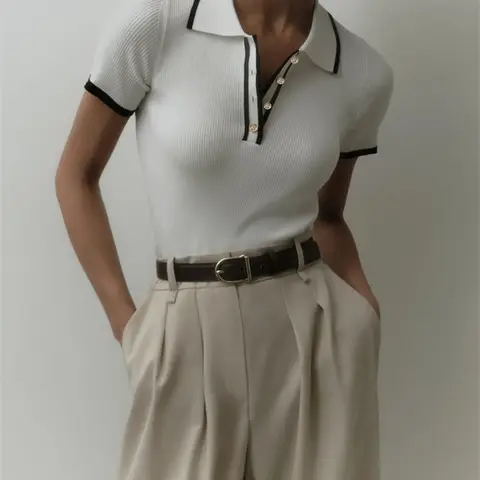 Women's Contrast Binding Polo Neck Knit Top, Casual Fit Button-Front Short-Sleeve Knitting Top for Summer, Fashion Knit Polo Shirt for Women's Daily Wear, Collared Polo Shirts, Summer Tops