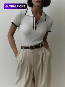 women's contrast binding polo neck knitting top, soft casual fit basic button front short sleeve knitwear for summer, fashion women's knit clothing for daily wear, shortsleeve clothes for women, lady womenswear
