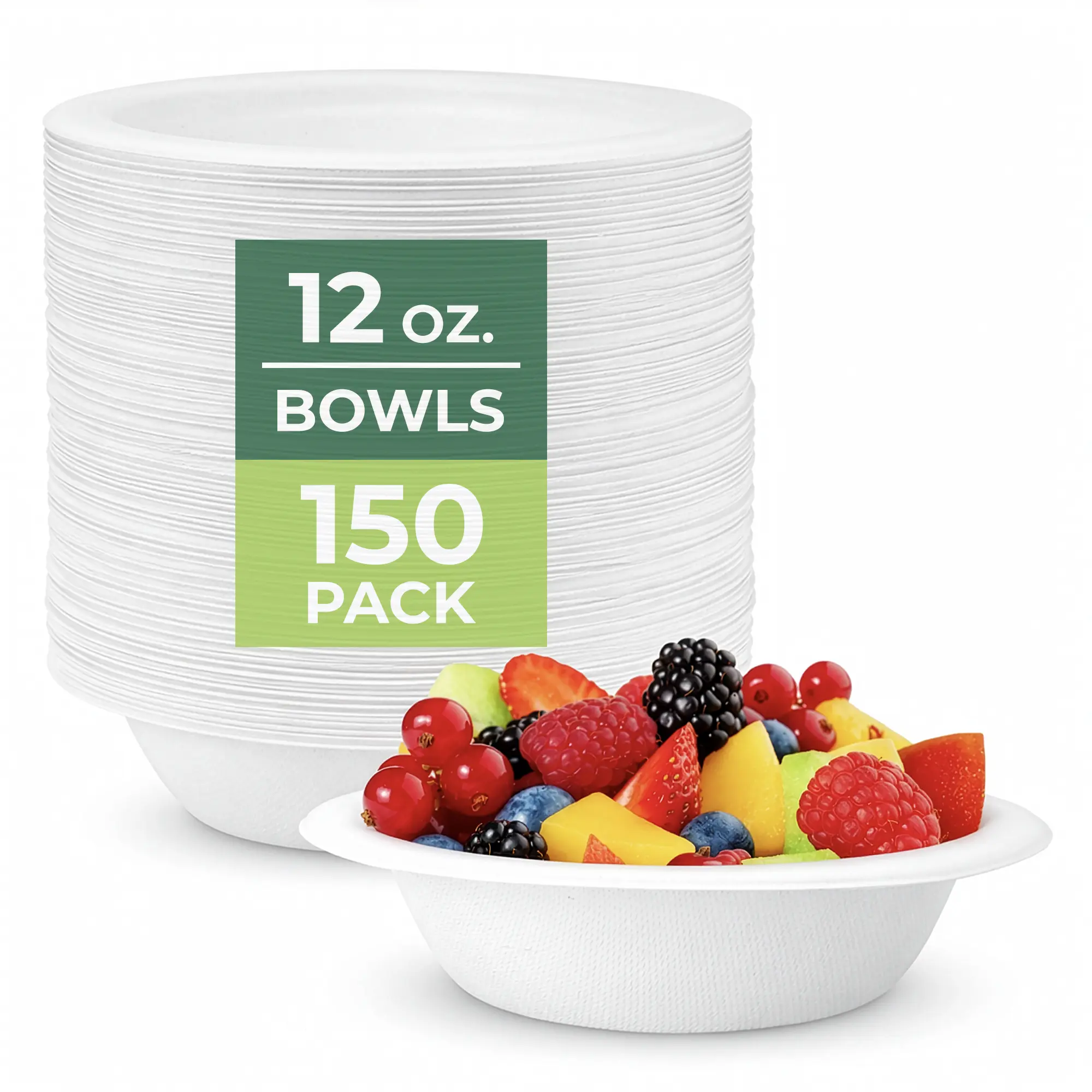 FRESHWARE 12oz Bamboo Blend Bagasse Compostable Solid Paper Bowls (150 Pack) - Heavy-Duty, Leakproof, Microwave-Safe, Freezer-Safe Eco-Friendly Biodegradable Disposable Tableware Supplies for Home, Parties, Heavy-Duty Biodegradable Disposable Tableware Su