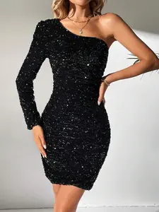 Women's Glitter One Shoulder Sequins Dress, Elegant Fashion Casual Short Dress for Party Club Dating Wear, Women Dress for Summer