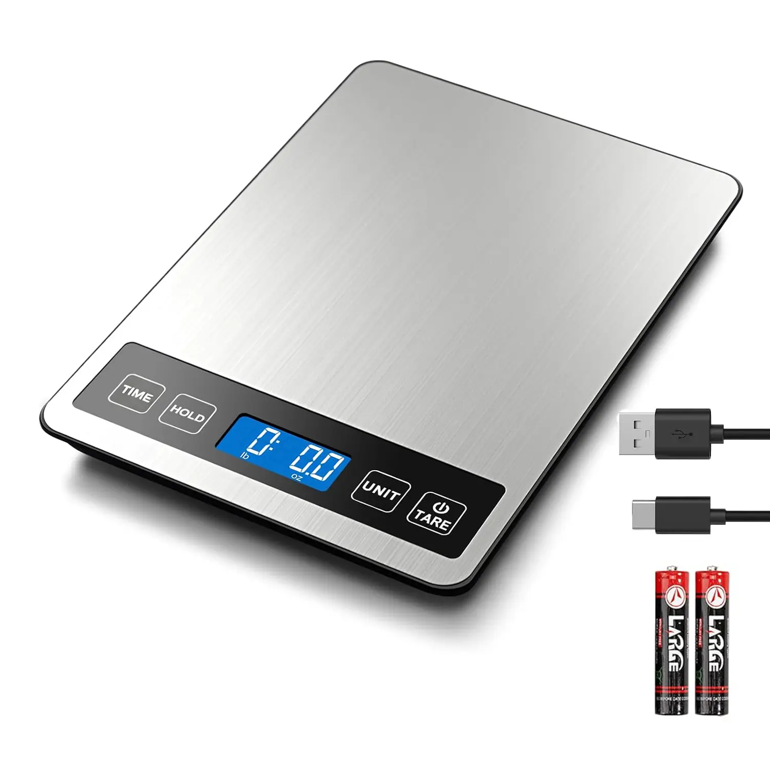 Digital Food Kitchen Scale 22lb/10000g 0.1oz/1g High Precision, Rechargeable, Tempered Glass + Stainless Steel | 7 Units g oz fl oz lb lb:oz ml kg, Tare & Timer, Auto On/Off Digital Scale for Cooking, Baking, Meal Prep, Bread Milk Ingredients