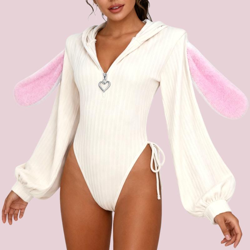 Cute Bunny Bodysuit for Women Cozy Knitted Jumpsuit with Fuzzy Ears for Christmas & Halloween Pajamas Spicy Pajama Sets & Matching Cardigans